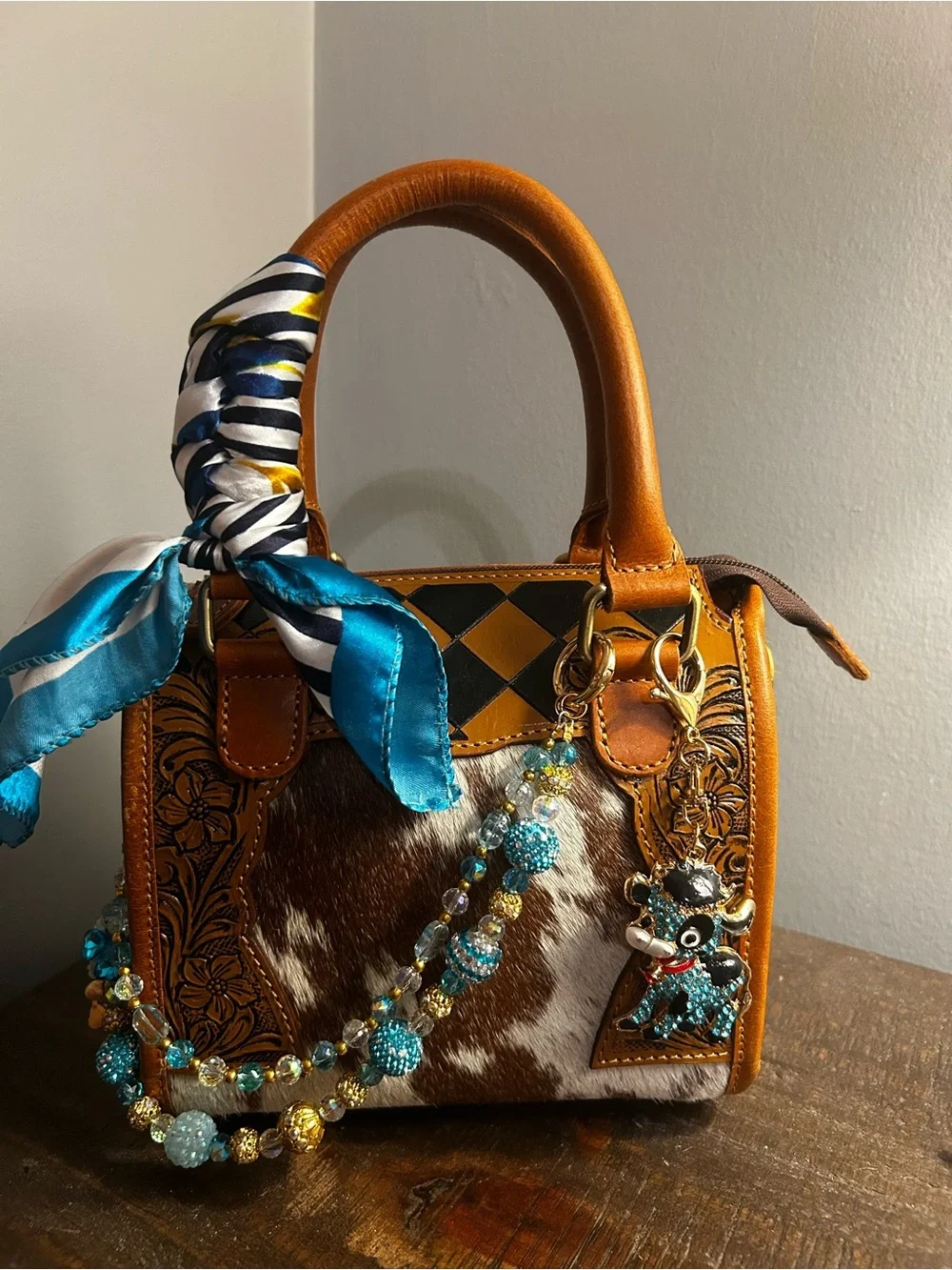 Tan Leather & Cowhide Satchel Handbag with Turquoise Accents